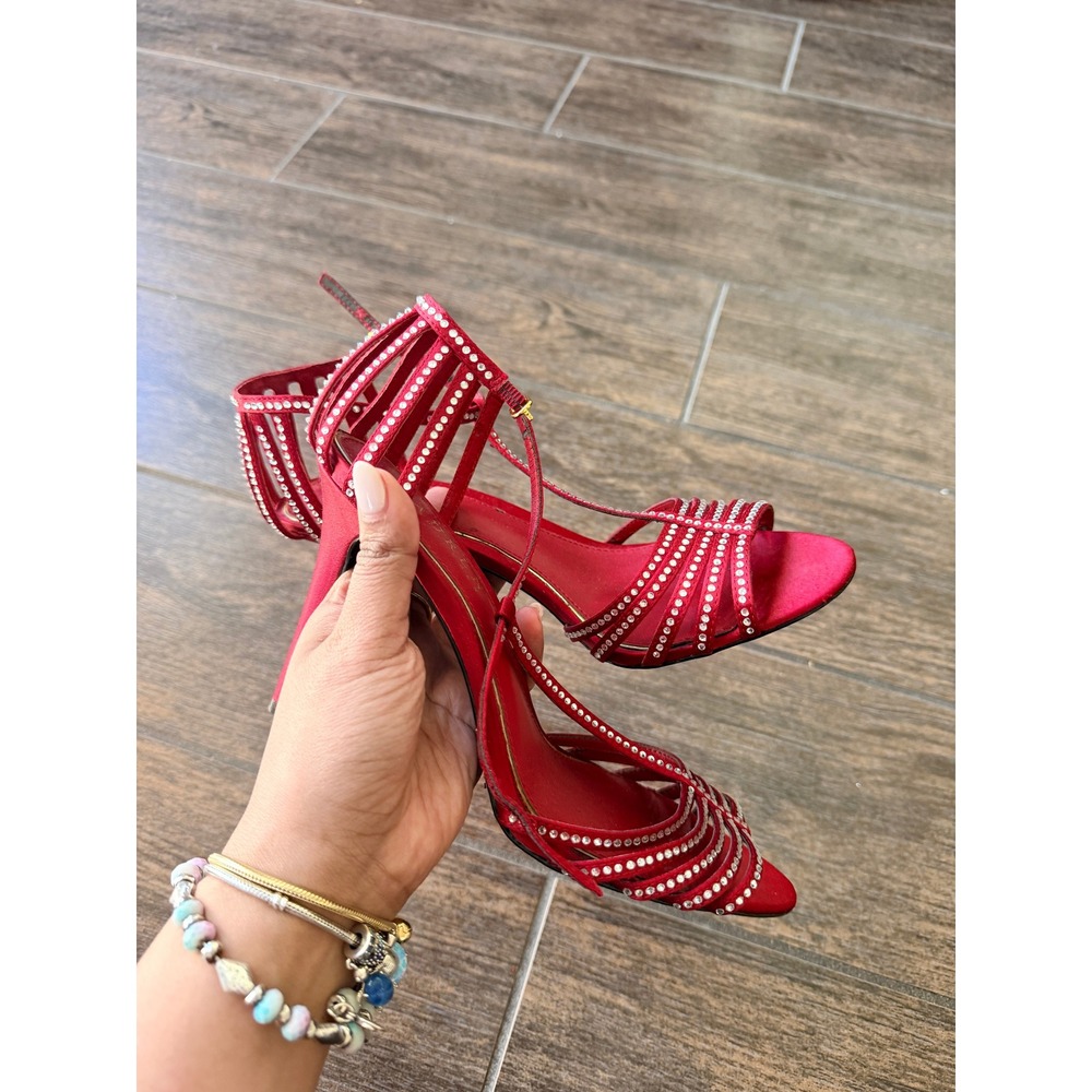 Lauren Ralph Lauren Adasia Red Satin Rhinestone Strappy Heel Sandals Womens 7B
